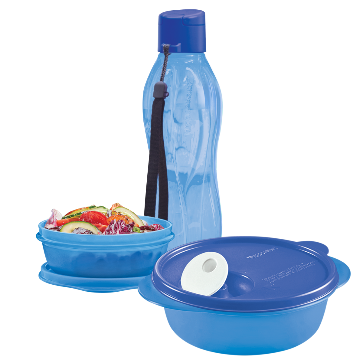Kit para lunch escolar  Tupperware Azul. La botella Eco Twist debe usarse con bebidas frías o a temperatura ambiente, sin gas ni lácteos. Cristal Flash es ideal para refrigerar tus alimentos y recalentar en el microondas cuando los vas a comer. Tazón Modular, el complemento para llevar snacks sin riesgo a derrames